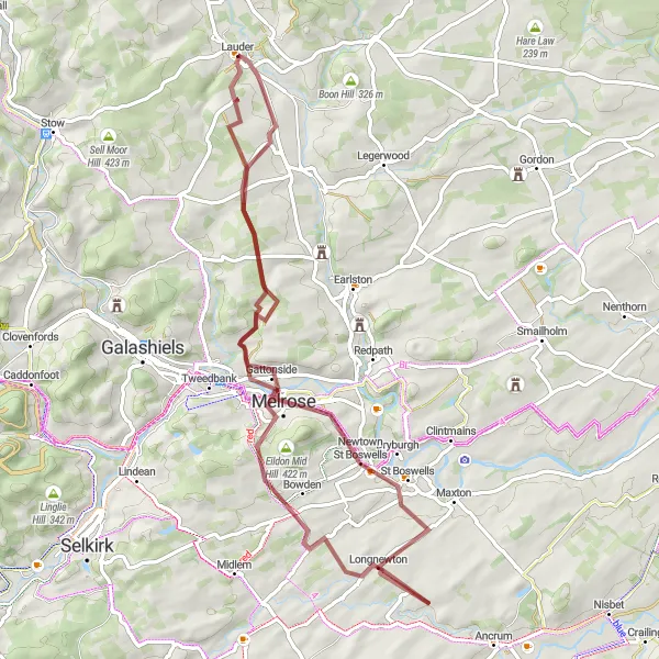 Map miniature of "Borders Gravel Adventure" cycling inspiration in Southern Scotland, United Kingdom. Generated by Tarmacs.app cycling route planner