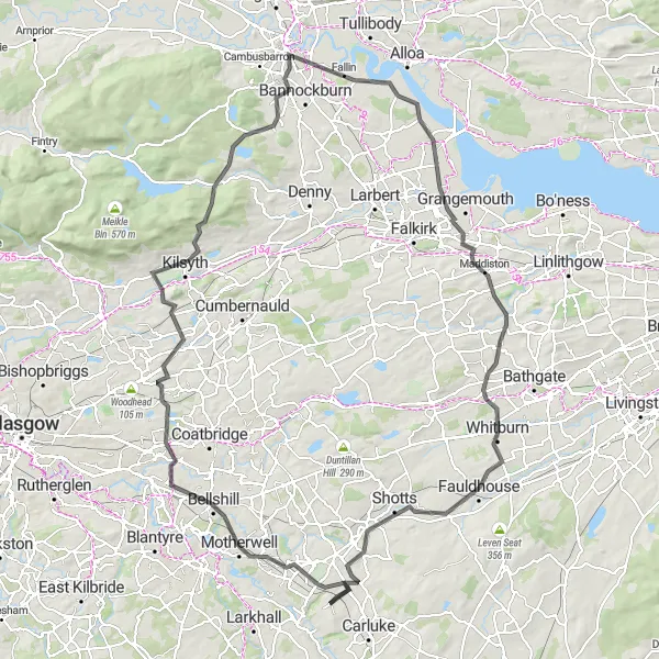 Map miniature of "The Motherwell Loop" cycling inspiration in Southern Scotland, United Kingdom. Generated by Tarmacs.app cycling route planner