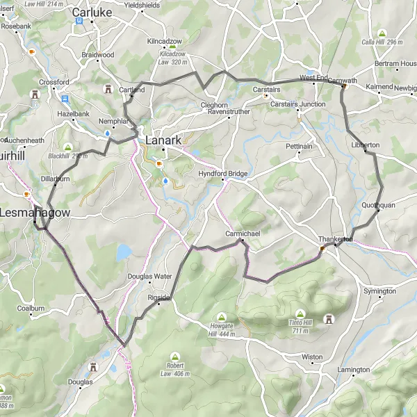 Map miniature of "Quaint Road Circuit from Lesmahagow" cycling inspiration in Southern Scotland, United Kingdom. Generated by Tarmacs.app cycling route planner
