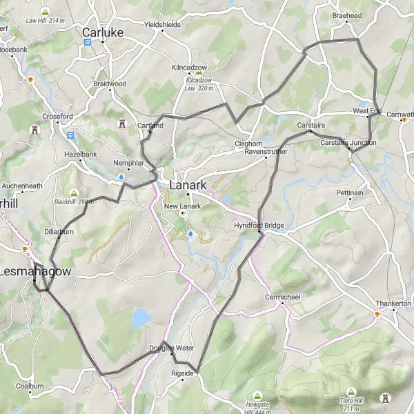 Map miniature of "Lesmahagow and Surrounding Hills" cycling inspiration in Southern Scotland, United Kingdom. Generated by Tarmacs.app cycling route planner