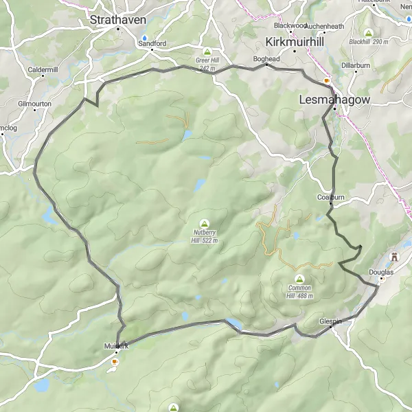 Map miniature of "Scenic Road Cycling Loop from Lesmahagow" cycling inspiration in Southern Scotland, United Kingdom. Generated by Tarmacs.app cycling route planner