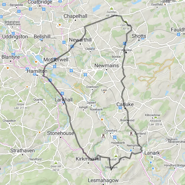 Map miniature of "Lesmahagow to Kirkfieldbank Loop" cycling inspiration in Southern Scotland, United Kingdom. Generated by Tarmacs.app cycling route planner