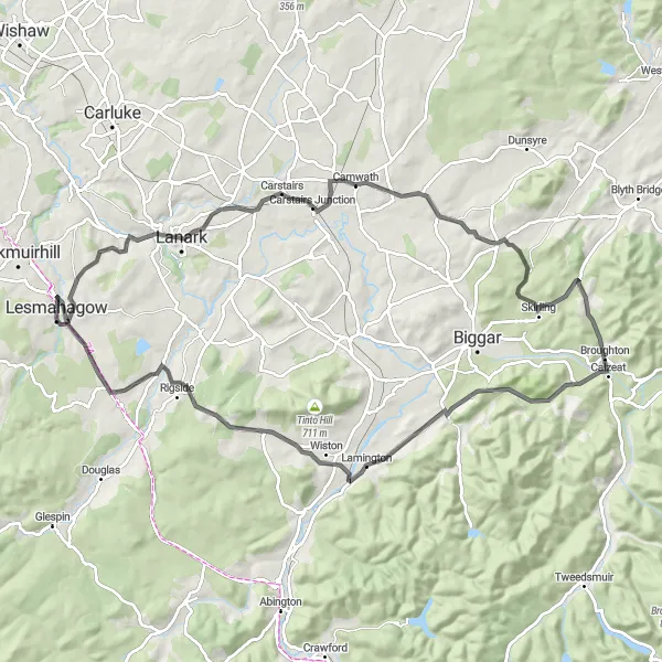 Map miniature of "Lesmahagow to Douglas Water via Whiteside Hill" cycling inspiration in Southern Scotland, United Kingdom. Generated by Tarmacs.app cycling route planner