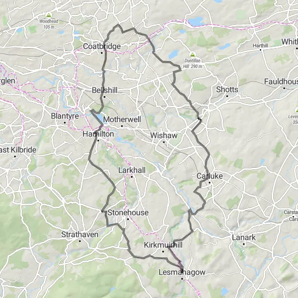 Map miniature of "Lesmahagow Hill Climbing Challenge" cycling inspiration in Southern Scotland, United Kingdom. Generated by Tarmacs.app cycling route planner