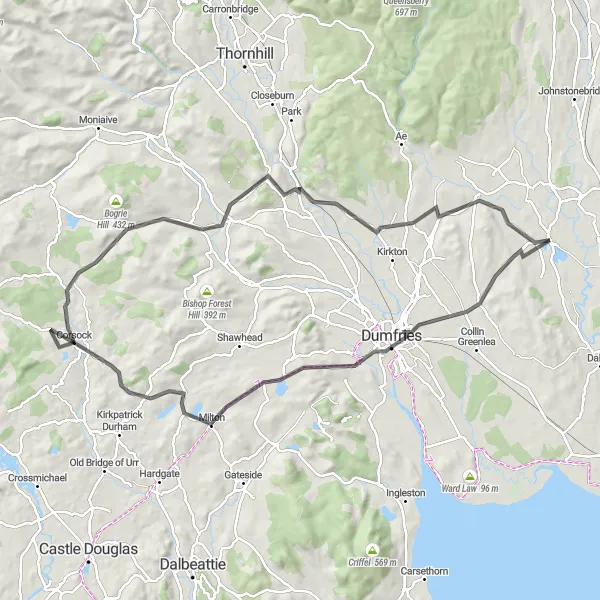 Map miniature of "Dumfries Delight" cycling inspiration in Southern Scotland, United Kingdom. Generated by Tarmacs.app cycling route planner