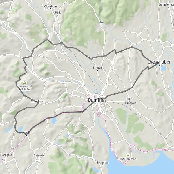 Map miniature of "Lochmaben Road Discovery" cycling inspiration in Southern Scotland, United Kingdom. Generated by Tarmacs.app cycling route planner