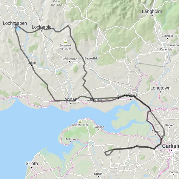 Map miniature of "Lochmaben Road Cycling Challenge" cycling inspiration in Southern Scotland, United Kingdom. Generated by Tarmacs.app cycling route planner