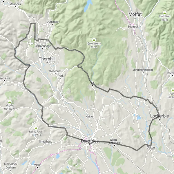 Map miniature of "Lockerbie to Drumlanrig Castle" cycling inspiration in Southern Scotland, United Kingdom. Generated by Tarmacs.app cycling route planner