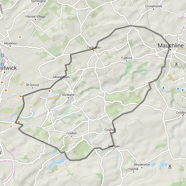 Map miniature of "Drongan Loop" cycling inspiration in Southern Scotland, United Kingdom. Generated by Tarmacs.app cycling route planner