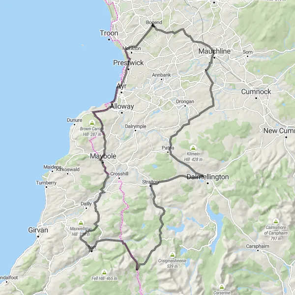 Map miniature of "Carrick Circuit" cycling inspiration in Southern Scotland, United Kingdom. Generated by Tarmacs.app cycling route planner