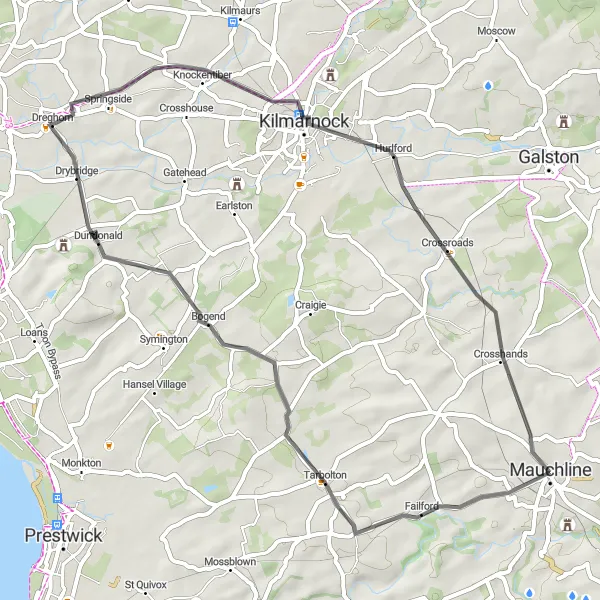 Map miniature of "Tarbolton Loop" cycling inspiration in Southern Scotland, United Kingdom. Generated by Tarmacs.app cycling route planner