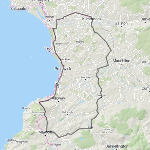 Map miniature of "Maybole to Kirkmichael Loop" cycling inspiration in Southern Scotland, United Kingdom. Generated by Tarmacs.app cycling route planner