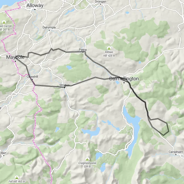 Map miniature of "Maybole Circular Road Route" cycling inspiration in Southern Scotland, United Kingdom. Generated by Tarmacs.app cycling route planner