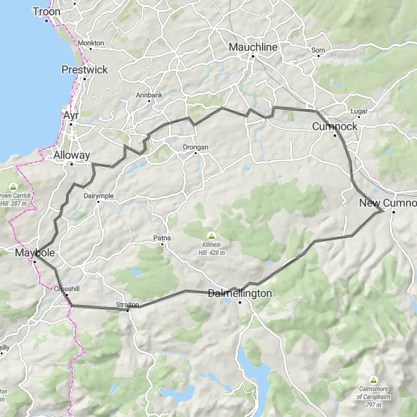 Map miniature of "Maybole Castle Loop" cycling inspiration in Southern Scotland, United Kingdom. Generated by Tarmacs.app cycling route planner