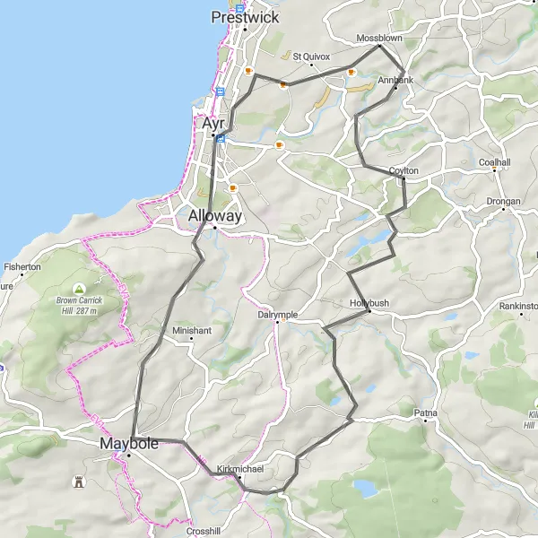 Map miniature of "Alloway and Maybole Loop" cycling inspiration in Southern Scotland, United Kingdom. Generated by Tarmacs.app cycling route planner