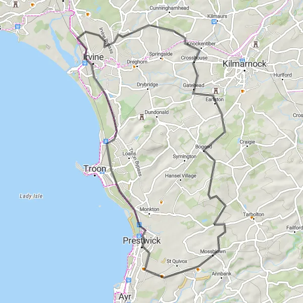 Map miniature of "Prestwick to Barnweill Church" cycling inspiration in Southern Scotland, United Kingdom. Generated by Tarmacs.app cycling route planner