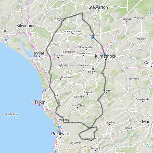 Map miniature of "Monkton to Craigie Castle" cycling inspiration in Southern Scotland, United Kingdom. Generated by Tarmacs.app cycling route planner