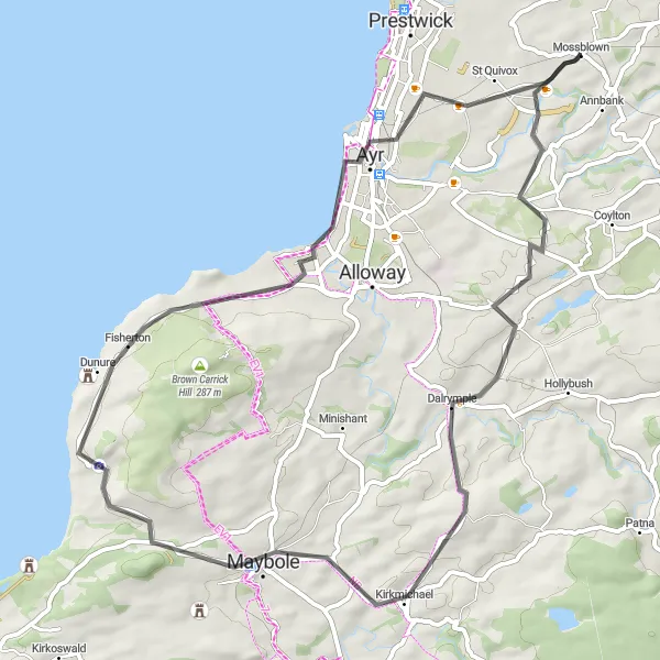 Map miniature of "Dalrymple to St Quivox" cycling inspiration in Southern Scotland, United Kingdom. Generated by Tarmacs.app cycling route planner