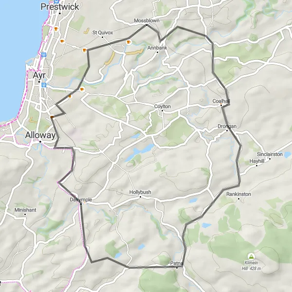 Map miniature of "Annbank to St Quivox" cycling inspiration in Southern Scotland, United Kingdom. Generated by Tarmacs.app cycling route planner