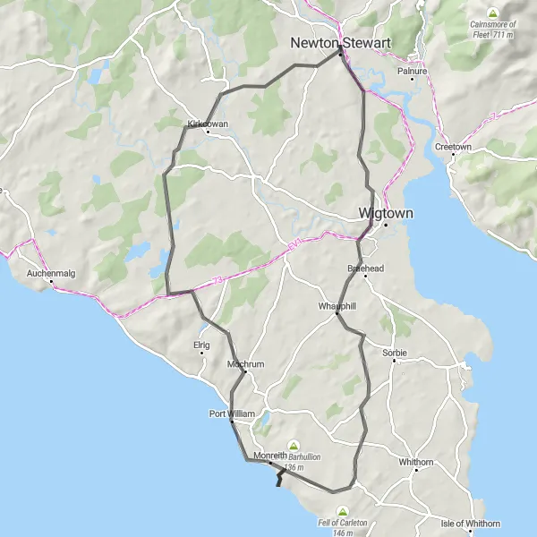 Map miniature of "The Monreith Circuit" cycling inspiration in Southern Scotland, United Kingdom. Generated by Tarmacs.app cycling route planner