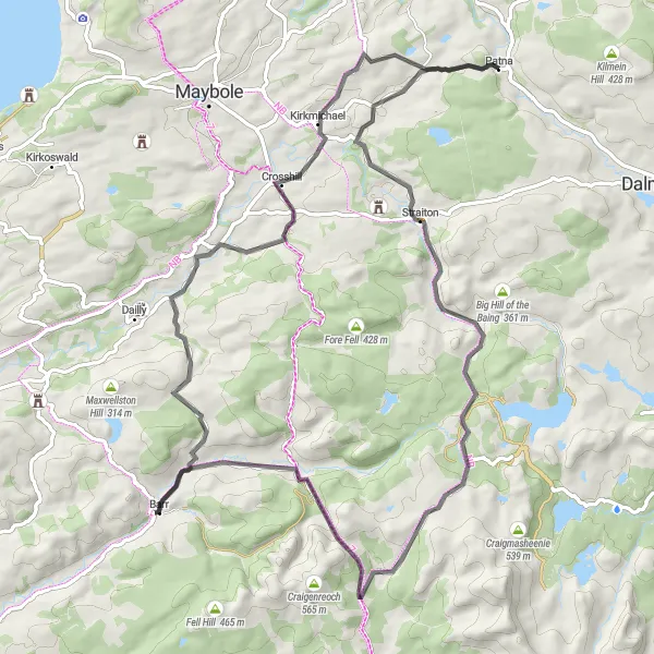 Map miniature of "Scenic Patna Circuit via Straiton, Genoch Inner Hill, Pinbreck Hill, and Barr" cycling inspiration in Southern Scotland, United Kingdom. Generated by Tarmacs.app cycling route planner