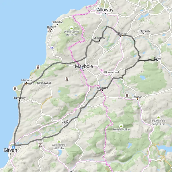 Map miniature of "A Rural Escape to Dalrymple" cycling inspiration in Southern Scotland, United Kingdom. Generated by Tarmacs.app cycling route planner