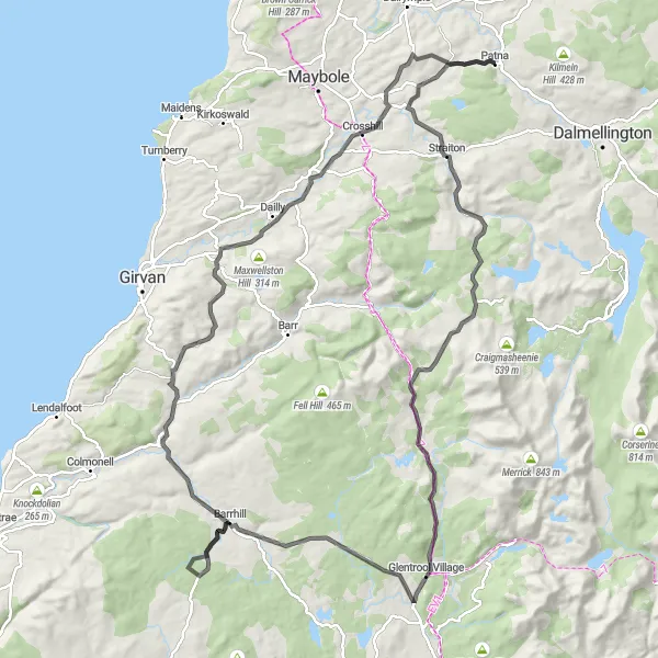 Map miniature of "Glencaird Loop via Barrhill" cycling inspiration in Southern Scotland, United Kingdom. Generated by Tarmacs.app cycling route planner