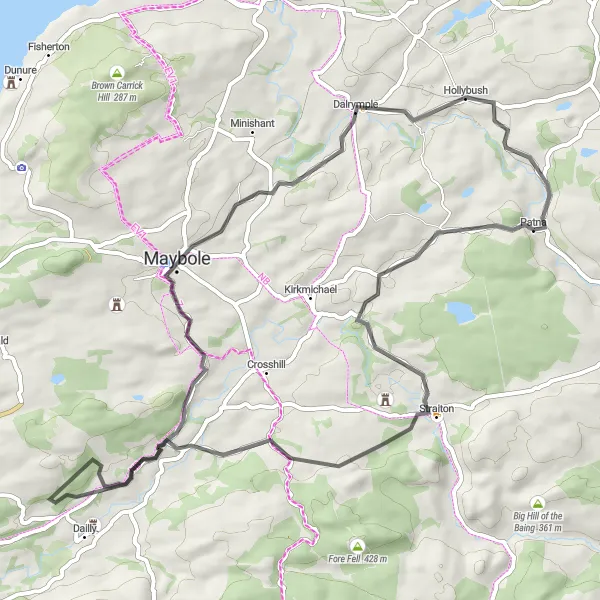 Map miniature of "Coastal Ride: Straiton, Old Dalquharran Castle, Maybole, Dalrymple, and Polnessan" cycling inspiration in Southern Scotland, United Kingdom. Generated by Tarmacs.app cycling route planner