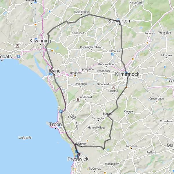 Map miniature of "Prestwick to Monkton Circular Road Route" cycling inspiration in Southern Scotland, United Kingdom. Generated by Tarmacs.app cycling route planner