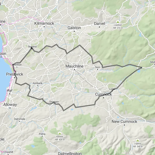 Map miniature of "Monkton to Sorn Castle Road Ride" cycling inspiration in Southern Scotland, United Kingdom. Generated by Tarmacs.app cycling route planner