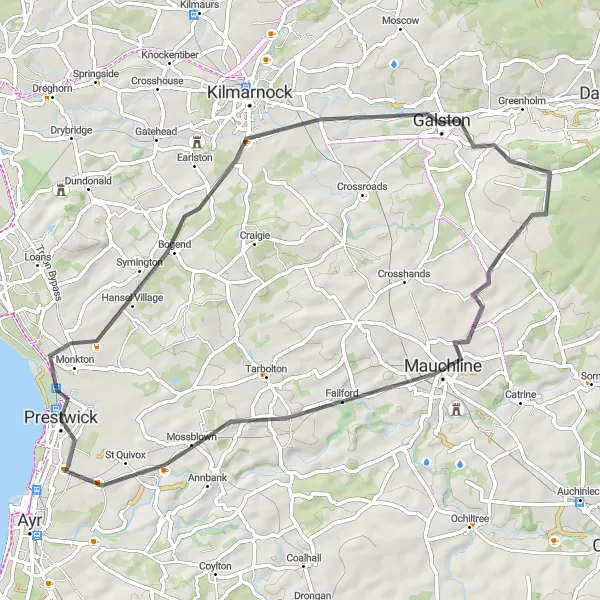 Map miniature of "Prestwick to Riccarton Road Loop" cycling inspiration in Southern Scotland, United Kingdom. Generated by Tarmacs.app cycling route planner