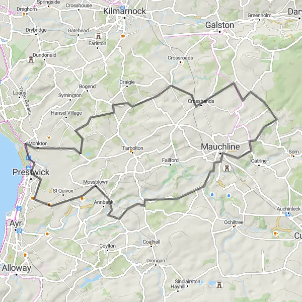 Map miniature of "The Ayrshire Countryside Ride" cycling inspiration in Southern Scotland, United Kingdom. Generated by Tarmacs.app cycling route planner