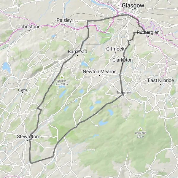 Map miniature of "Challenging Loop to Rutherglen" cycling inspiration in Southern Scotland, United Kingdom. Generated by Tarmacs.app cycling route planner