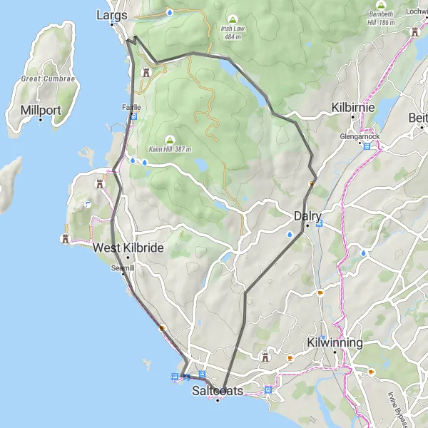 Map miniature of "Coastal Castles and Panoramic Views" cycling inspiration in Southern Scotland, United Kingdom. Generated by Tarmacs.app cycling route planner