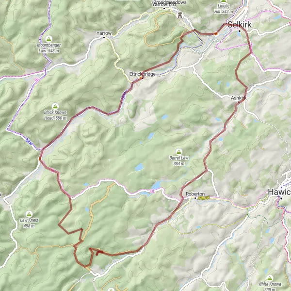 Map miniature of "The Gravel Escape" cycling inspiration in Southern Scotland, United Kingdom. Generated by Tarmacs.app cycling route planner