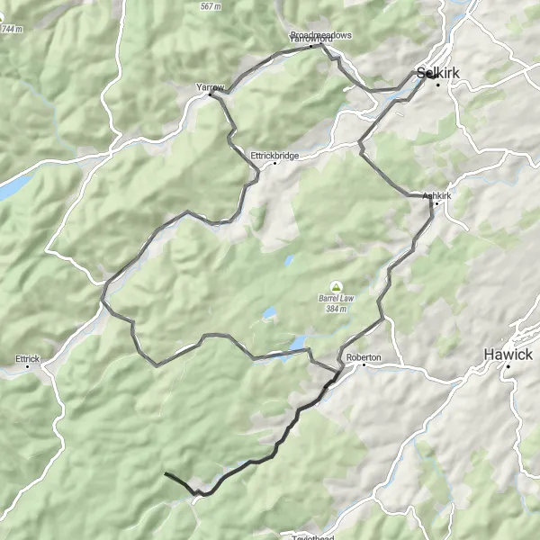 Map miniature of "The Scottish Hills" cycling inspiration in Southern Scotland, United Kingdom. Generated by Tarmacs.app cycling route planner