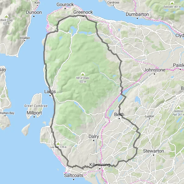 Map miniature of "The Largs Loop" cycling inspiration in Southern Scotland, United Kingdom. Generated by Tarmacs.app cycling route planner