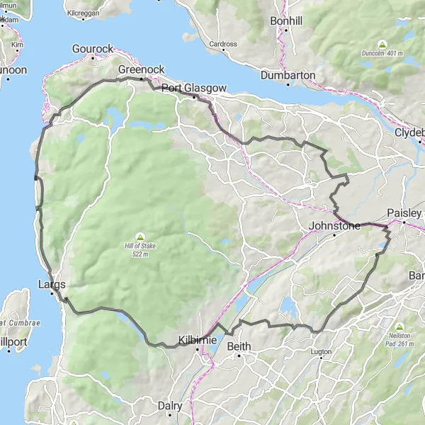 Map miniature of "Scenic Countryside and Natural Beauty near Skelmorlie" cycling inspiration in Southern Scotland, United Kingdom. Generated by Tarmacs.app cycling route planner