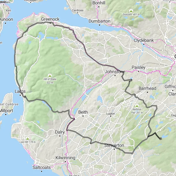 Map miniature of "The Largs Loop" cycling inspiration in Southern Scotland, United Kingdom. Generated by Tarmacs.app cycling route planner