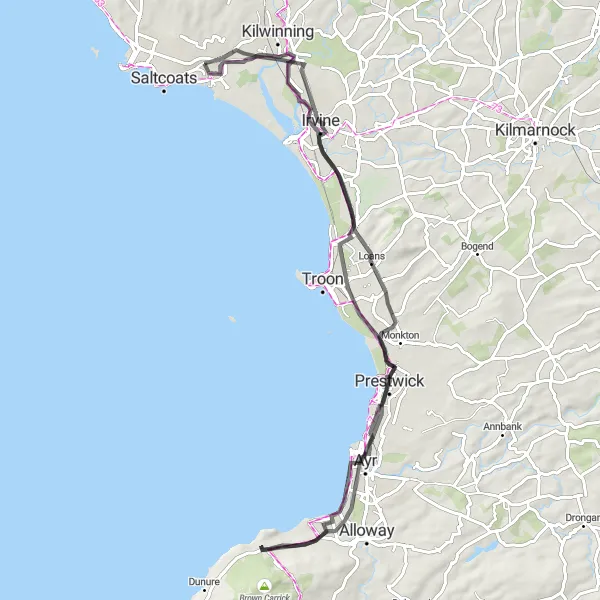 Map miniature of "The Prestwick and Irvine Coastal Tour by Road Bike" cycling inspiration in Southern Scotland, United Kingdom. Generated by Tarmacs.app cycling route planner