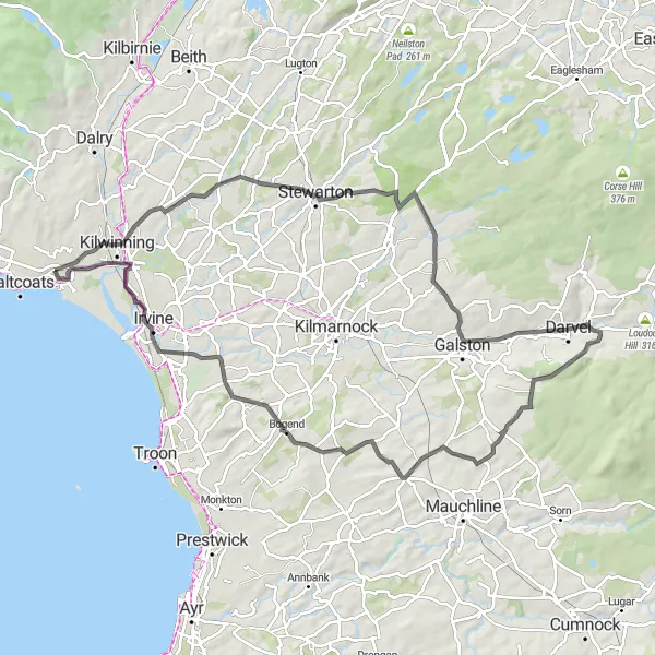 Map miniature of "The Ayrshire Challenge" cycling inspiration in Southern Scotland, United Kingdom. Generated by Tarmacs.app cycling route planner