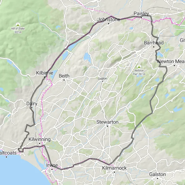 Map miniature of "The Ayrshire to Irvine Circuit by Gravel Bike" cycling inspiration in Southern Scotland, United Kingdom. Generated by Tarmacs.app cycling route planner