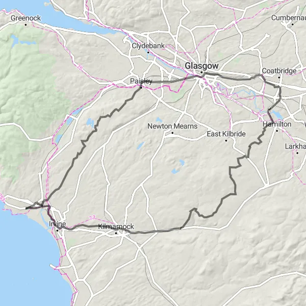 Map miniature of "The Ultimate Ayrshire Adventure by Road Bike" cycling inspiration in Southern Scotland, United Kingdom. Generated by Tarmacs.app cycling route planner