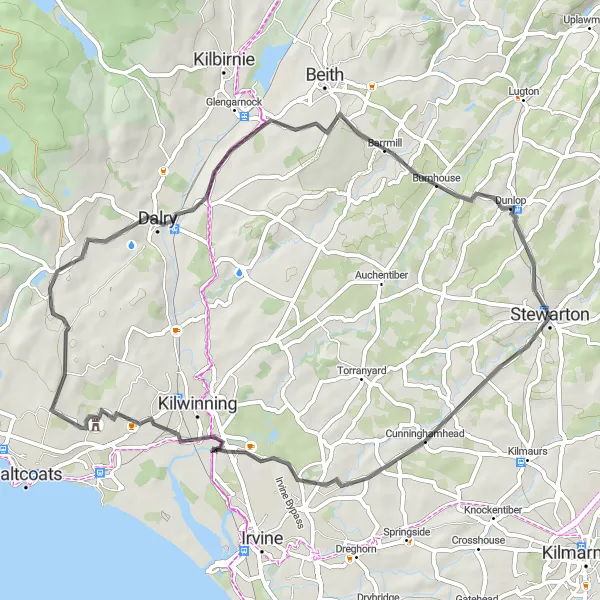 Map miniature of "Stewarton to Cunninghamhead Circular Route" cycling inspiration in Southern Scotland, United Kingdom. Generated by Tarmacs.app cycling route planner