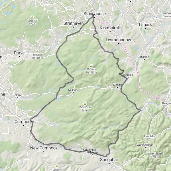 Map miniature of "The South Lanarkshire Loop" cycling inspiration in Southern Scotland, United Kingdom. Generated by Tarmacs.app cycling route planner