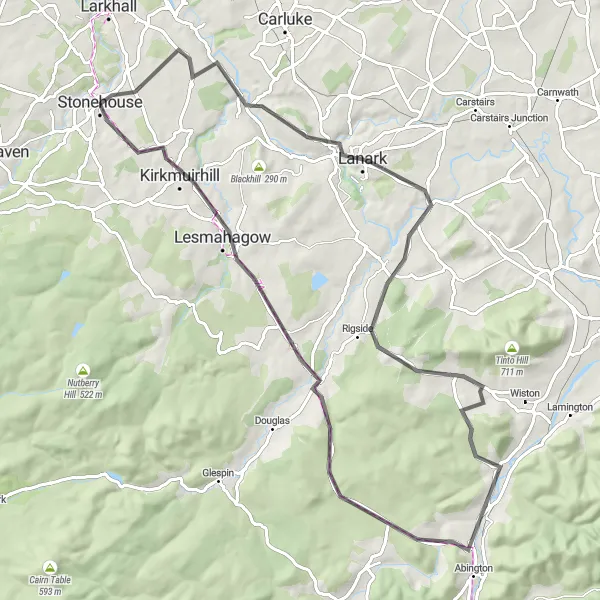 Map miniature of "The Lesmahagow Loop" cycling inspiration in Southern Scotland, United Kingdom. Generated by Tarmacs.app cycling route planner