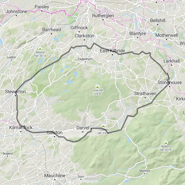 Map miniature of "Loudoun Hill Adventure" cycling inspiration in Southern Scotland, United Kingdom. Generated by Tarmacs.app cycling route planner