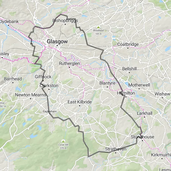 Map miniature of "Breathtaking Landscapes: Strathaven and Beyond" cycling inspiration in Southern Scotland, United Kingdom. Generated by Tarmacs.app cycling route planner