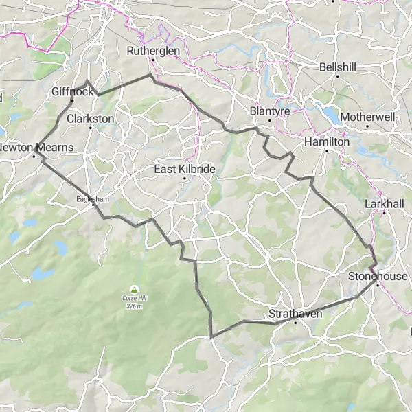 Map miniature of "Countryside Charm: Strathaven Loop" cycling inspiration in Southern Scotland, United Kingdom. Generated by Tarmacs.app cycling route planner