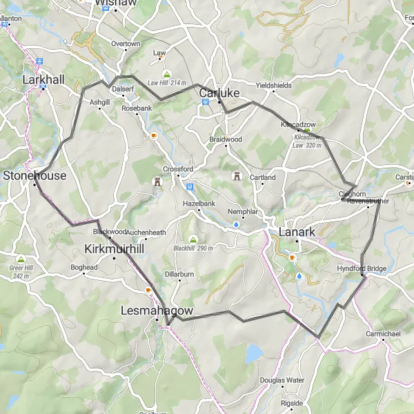 Map miniature of "Exploring the Hills: Stonehouse Circuit" cycling inspiration in Southern Scotland, United Kingdom. Generated by Tarmacs.app cycling route planner